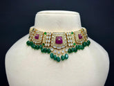 Kundan Chic Choker Necklace Set — Carved Ruby, Emerald Drops & CZ Polki