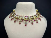 925 Silver Antique Floral Moissanite Polki Necklace Set with Red Jade Drops