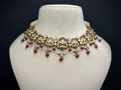 Antique Floral Moissanite Polki Necklace Set with Red Jade Drops