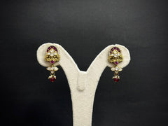 Antique Floral Moissanite Polki Necklace Set with Red Jade Drops