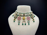 925 Silver Traditional Kundan Jadau Polki Choker Necklace Set with Green Jade Drops