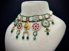 Traditional Kundan Jadau Polki Choker Necklace Set with Green Jade Drops