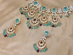 Bridal Moissanite Polki Statement Necklace Set with Turquoise Drops