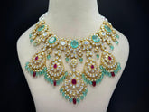 925 Silver Bridal Moissanite Polki Statement Necklace Set with Turquoise Drops