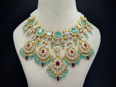 Bridal Moissanite Polki Statement Necklace Set with Turquoise Drops