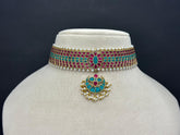925 Silver Traditional Turquoise & Pink Kundan Jadau Choker Necklace Set