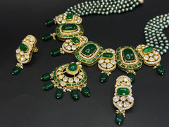 925 Silver Green Stone Open Setting Traditional Necklace Set