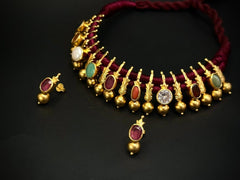 925 Silver Navratna Husley Traditional Necklace Set (24K Gold Plated)