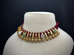 925 Silver Navratna Husley Traditional Necklace Set (24K Gold Plated)