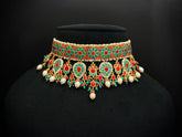 925 Silver Coral & Turquoise Kundan Jadau Choker Necklace Set (24K Gold Plated)