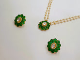 925 Silver Polki Green Flower Pendant Set