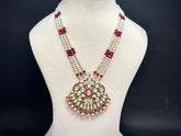 Handmade Kundan Polki Rani Haar Necklace Set — Red Stones, Pearls & Moissanite