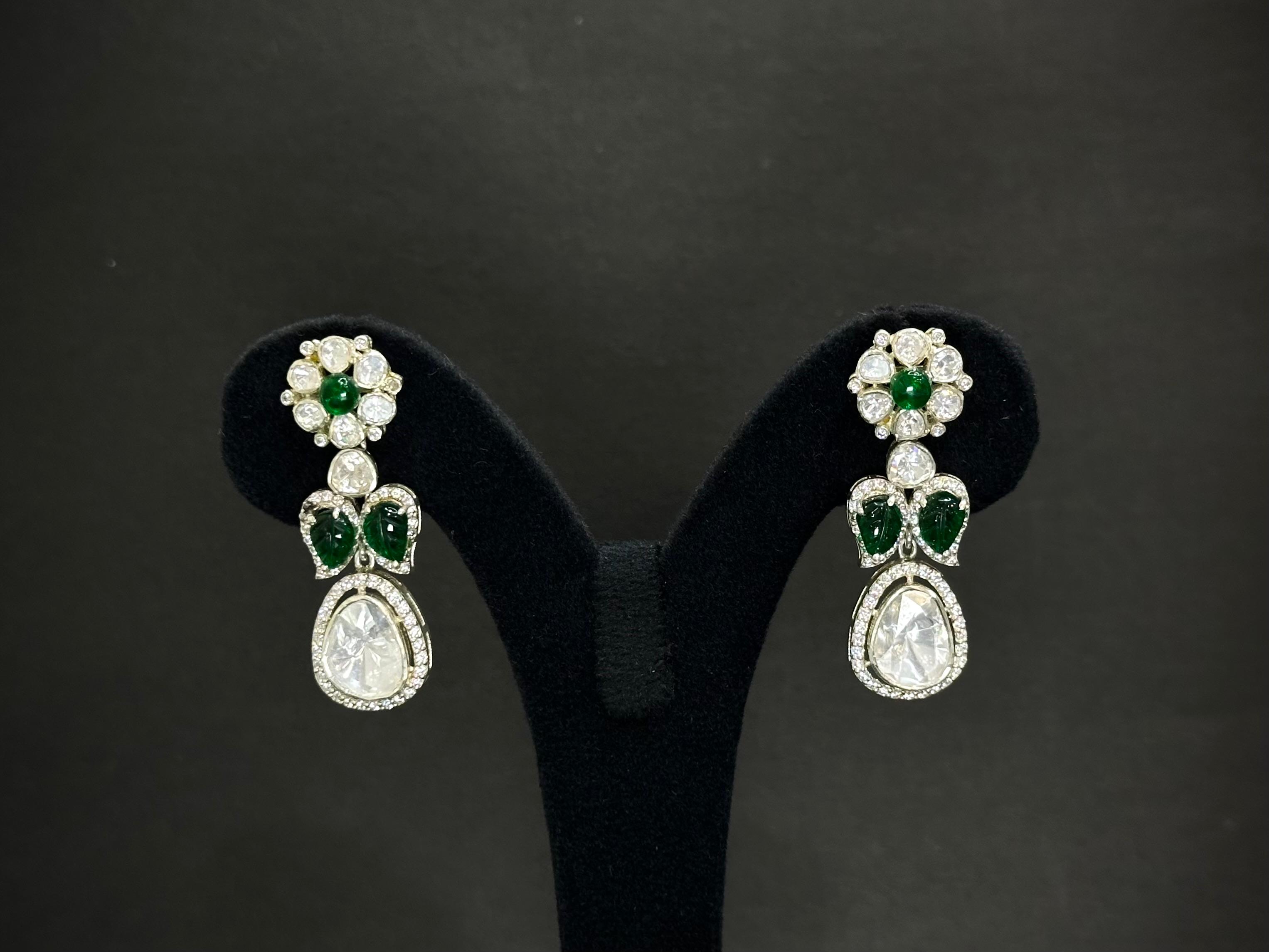 Polki Chic Choker Necklace Set — Moissanite Polki, Green Carbin & AD, 925 Silver