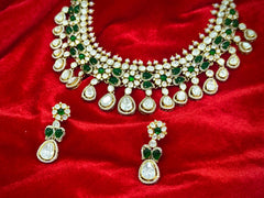 Polki Chic Choker Necklace Set — Moissanite Polki, Green Carbin & AD, 925 Silver