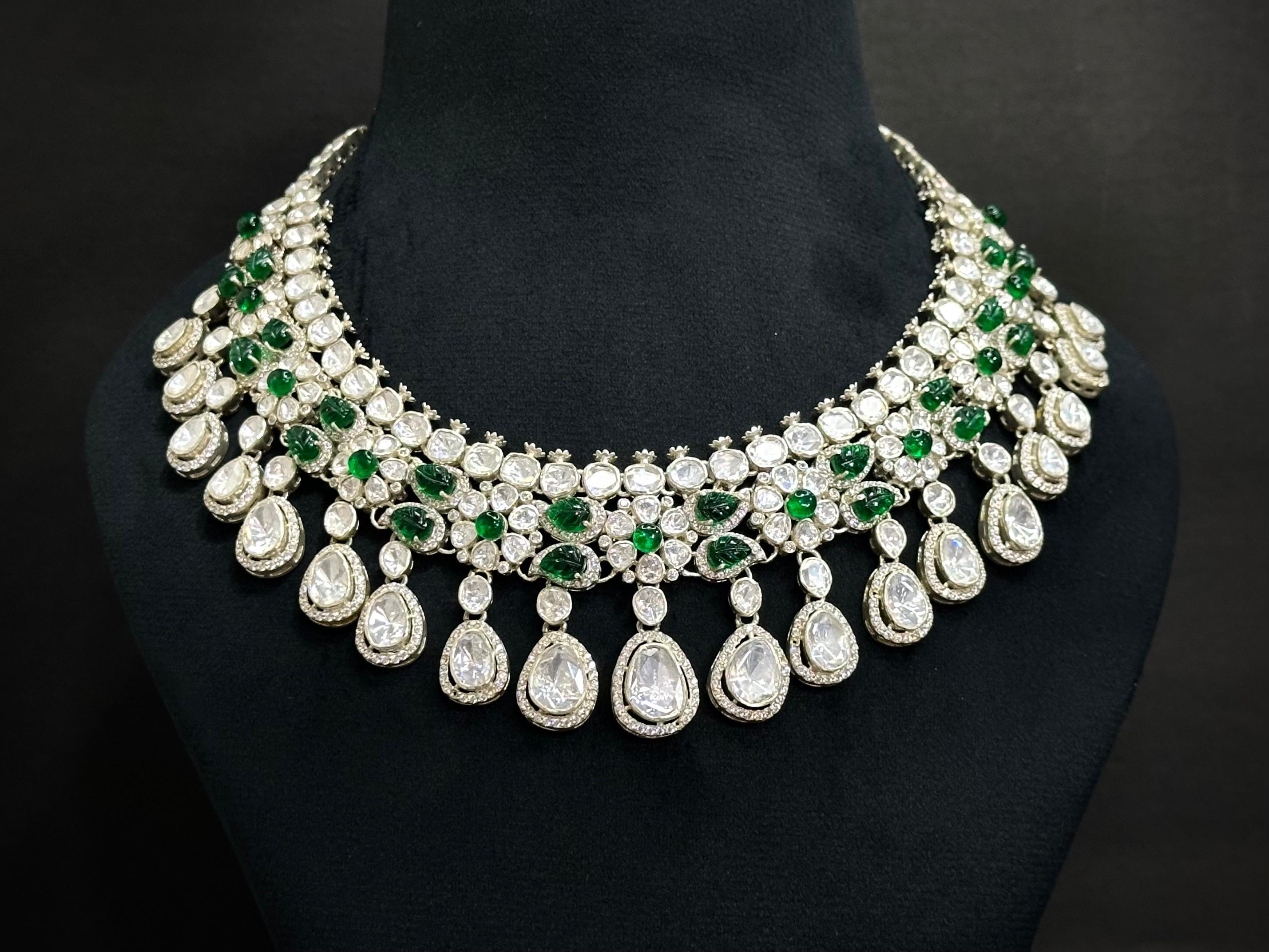 Polki Chic Choker Necklace Set — Moissanite Polki, Green Carbin & AD, 925 Silver