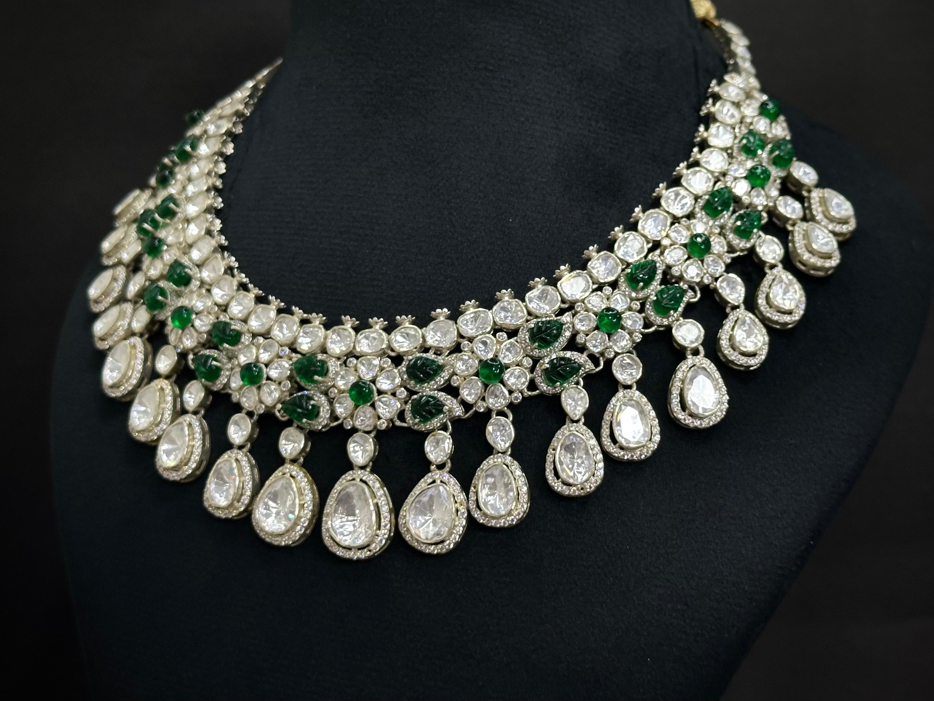 Polki Chic Choker Necklace Set — Moissanite Polki, Green Carbin & AD, 925 Silver