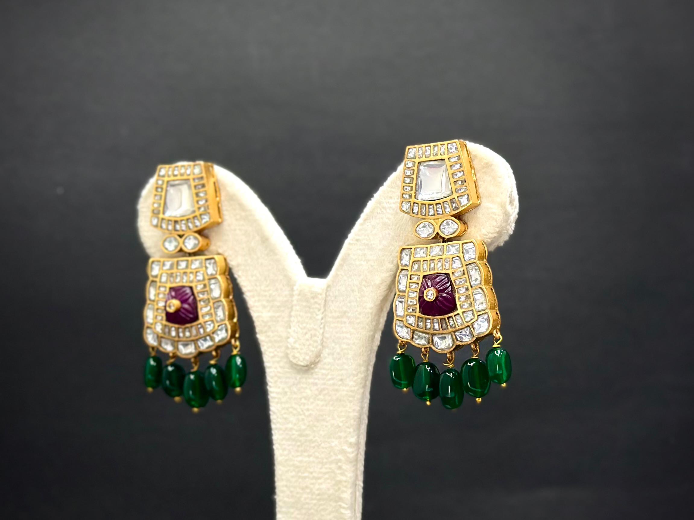Kundan Chic Choker Necklace Set — Carved Ruby, Emerald Drops & CZ Polki