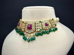 Kundan Chic Choker Necklace Set — Carved Ruby, Emerald Drops & CZ Polki