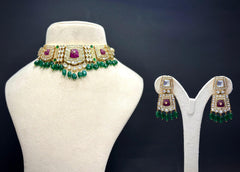 Kundan Chic Choker Necklace Set — Carved Ruby, Emerald Drops & CZ Polki