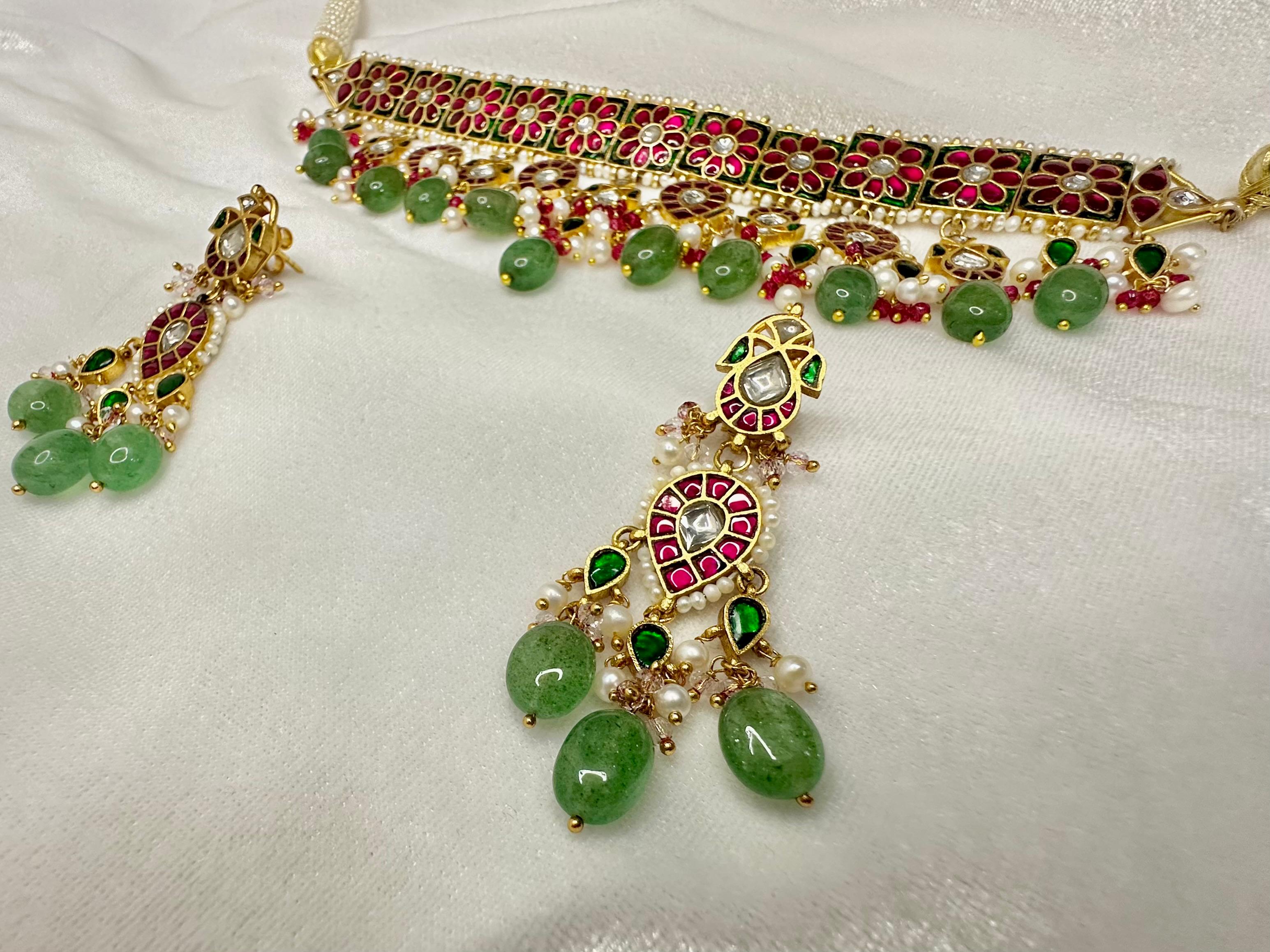 Floral Kundan Chic Necklace Set — Strawberry Quartz, Pearls & Pink Stones