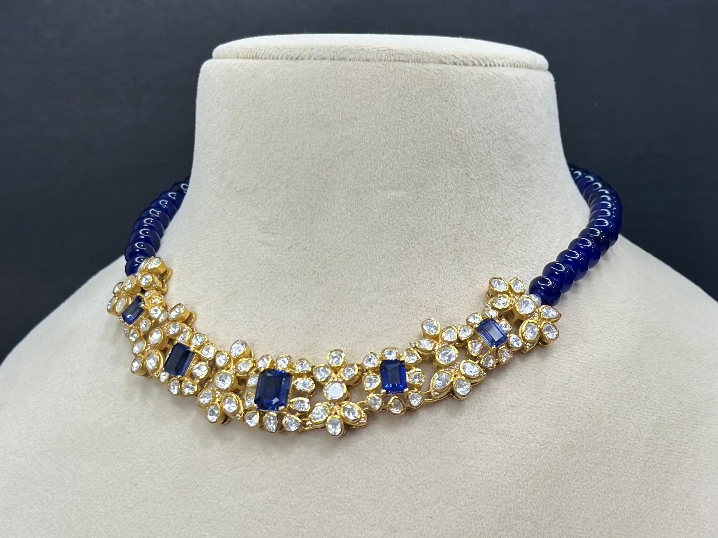 925 Silver Polki Floral Necklace Set | Blue Sapphire | Moissanite Polki