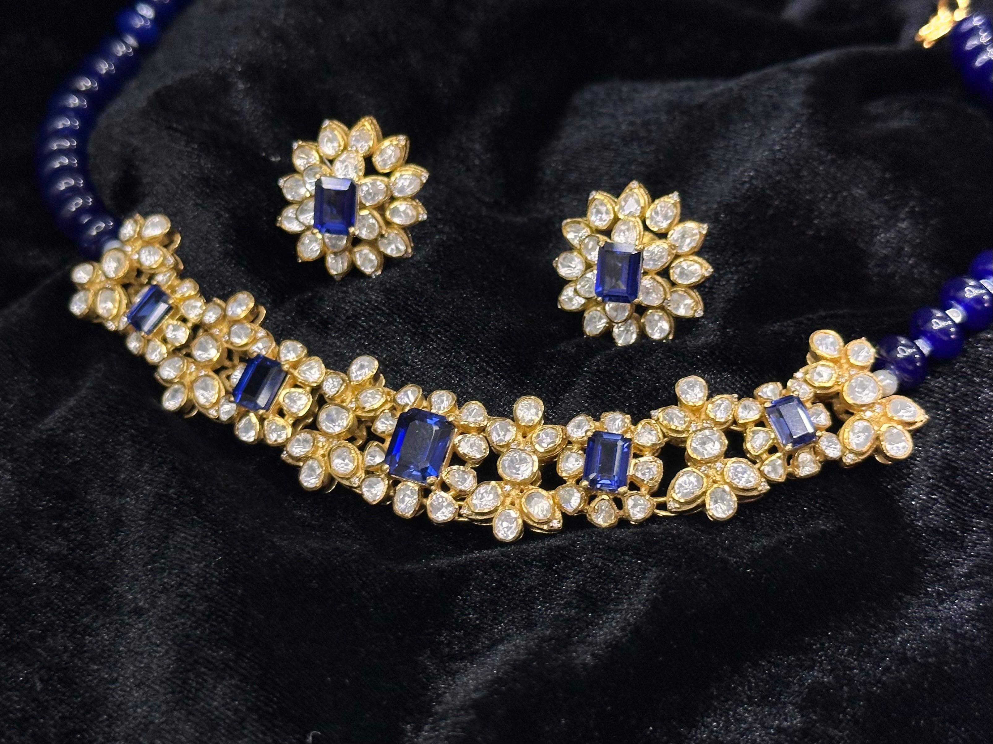 925 Silver Polki Floral Necklace Set | Blue Sapphire | Moissanite Polki