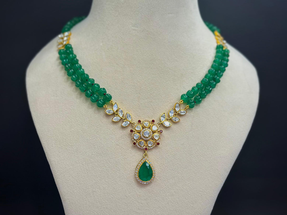 925 Silver Polki Floral Necklace Set | Emerald | Moissanite Polki