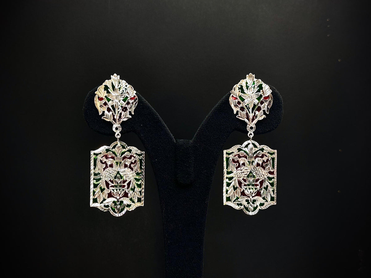 Rajvanshi Jaali Enamel 925 Silver Statement Earrings