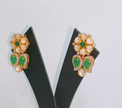 925 Silver Polki Floral Green Silver Earrings