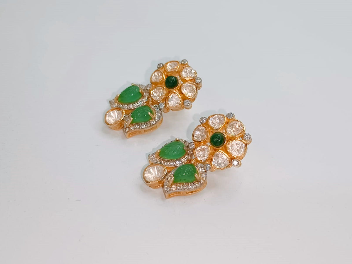 925 Silver Polki Floral Green Silver Earrings