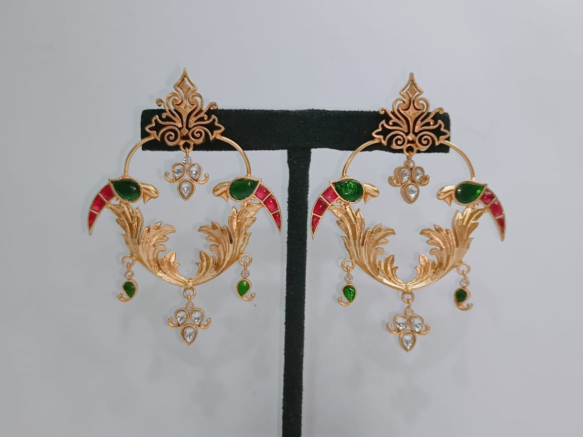 925 Silver Birds Theme South Kundan Earrings