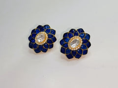 Silver Polki Flower Earrings, Blue colour