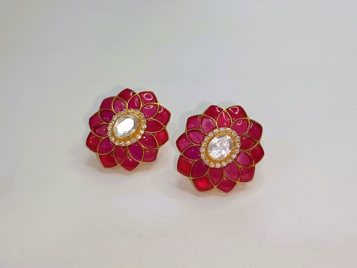 Silver Polki Flower Earrings, Red colour