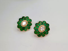 Silver Polki Flower Earrings, Green colour