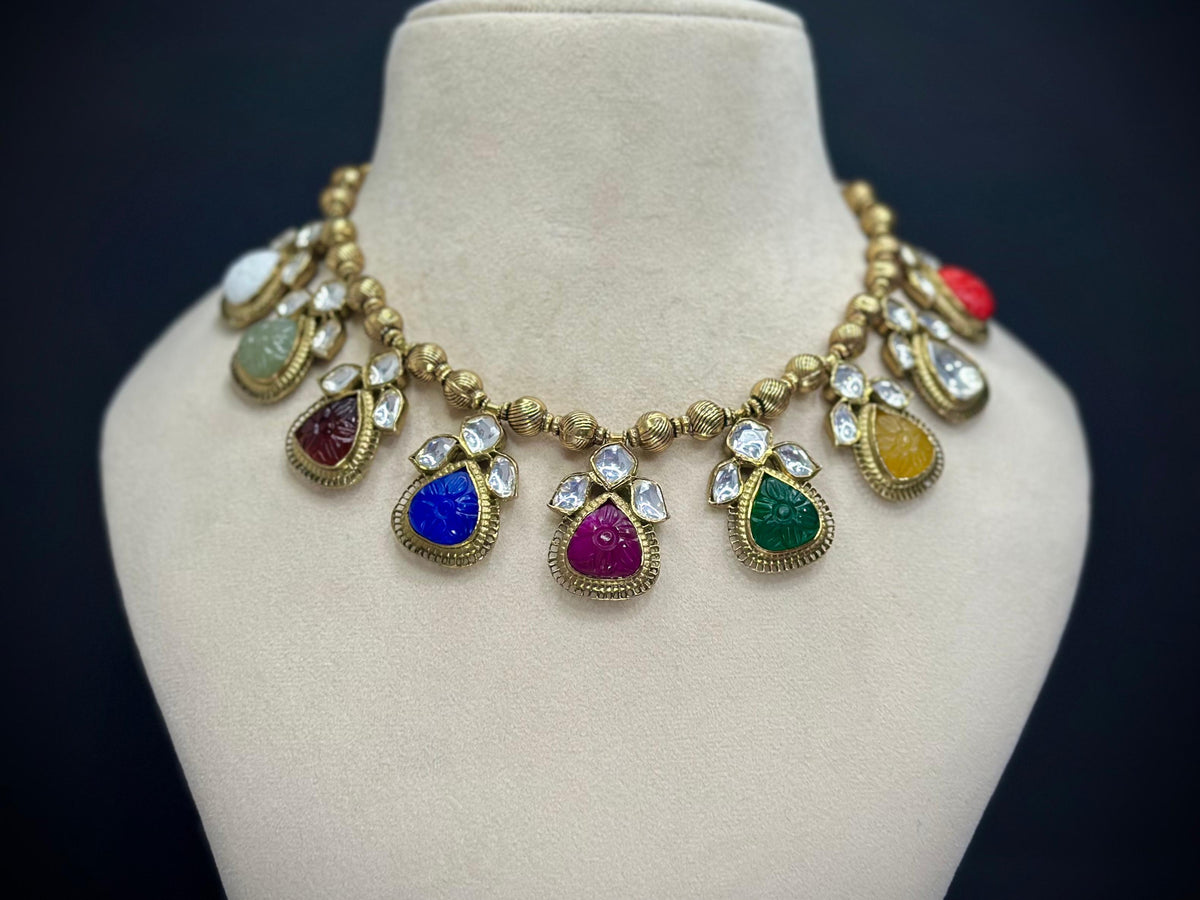 925 Silver Navratna Heritage Polki Antique Necklace Set
