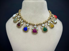 925 Silver Navratna Heritage Polki Antique Necklace Set