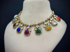 925 Silver Navratna Heritage Polki Antique Necklace Set