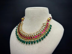 925 Silver Royal Kundan Jadau Polki Necklace Set with Green Drops