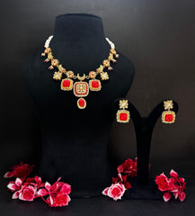Coral Floral Kundan Polki Statement Necklace Set