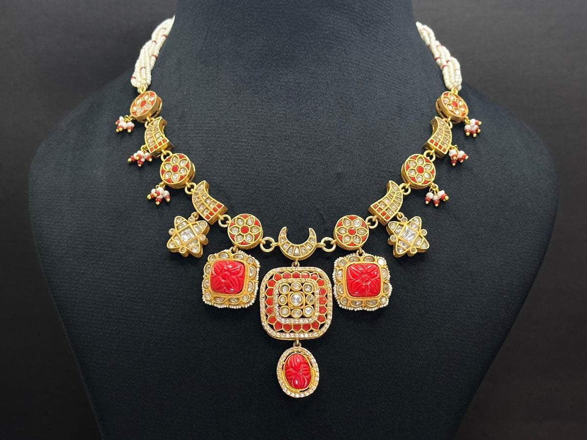 Coral Floral Kundan Polki Statement Necklace Set
