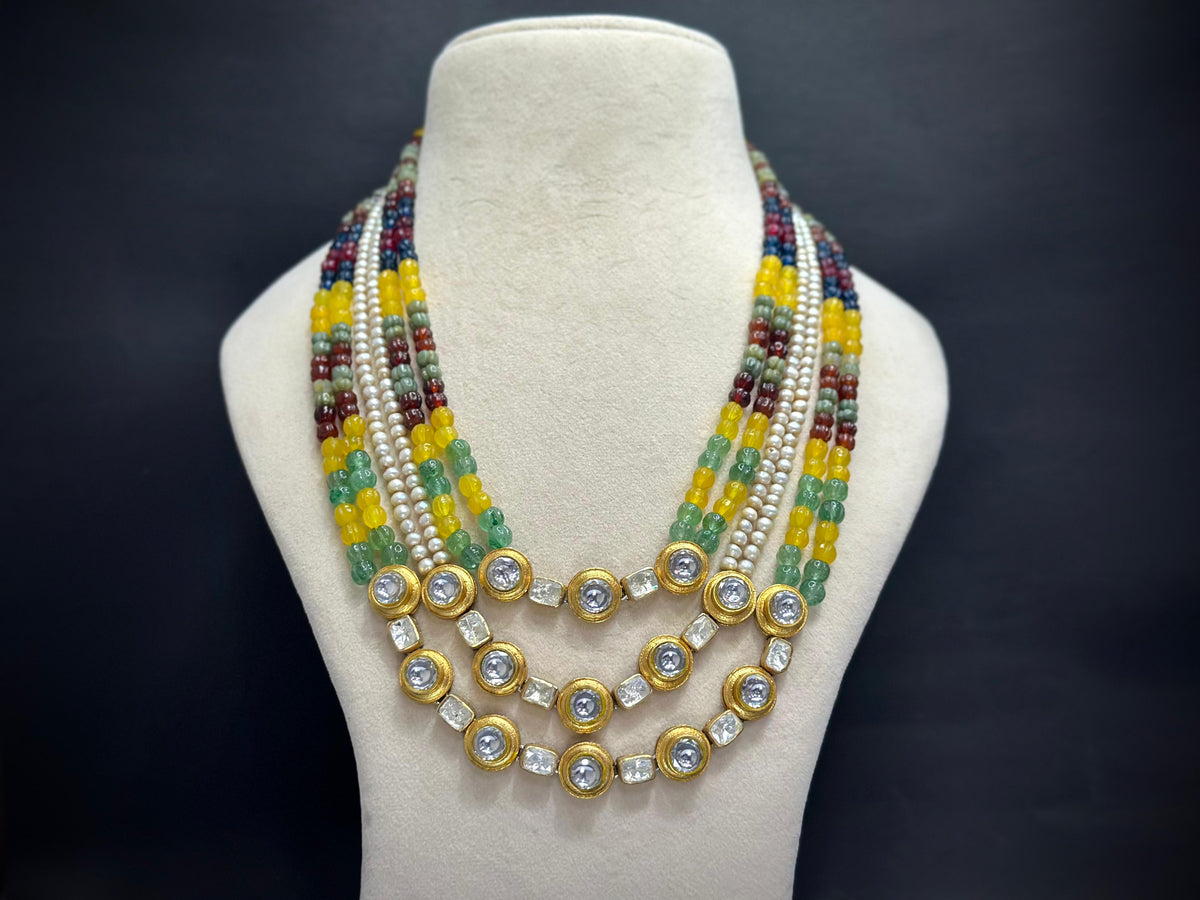 Multi-Color Jade Pumpkin Bead Moissanite Polki Necklace Set