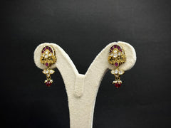 Antique Floral Moissanite Polki Necklace Set with Red Jade Drops