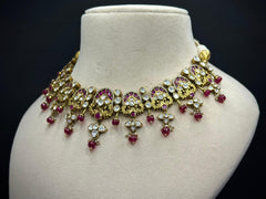 Antique Floral Moissanite Polki Necklace Set with Red Jade Drops