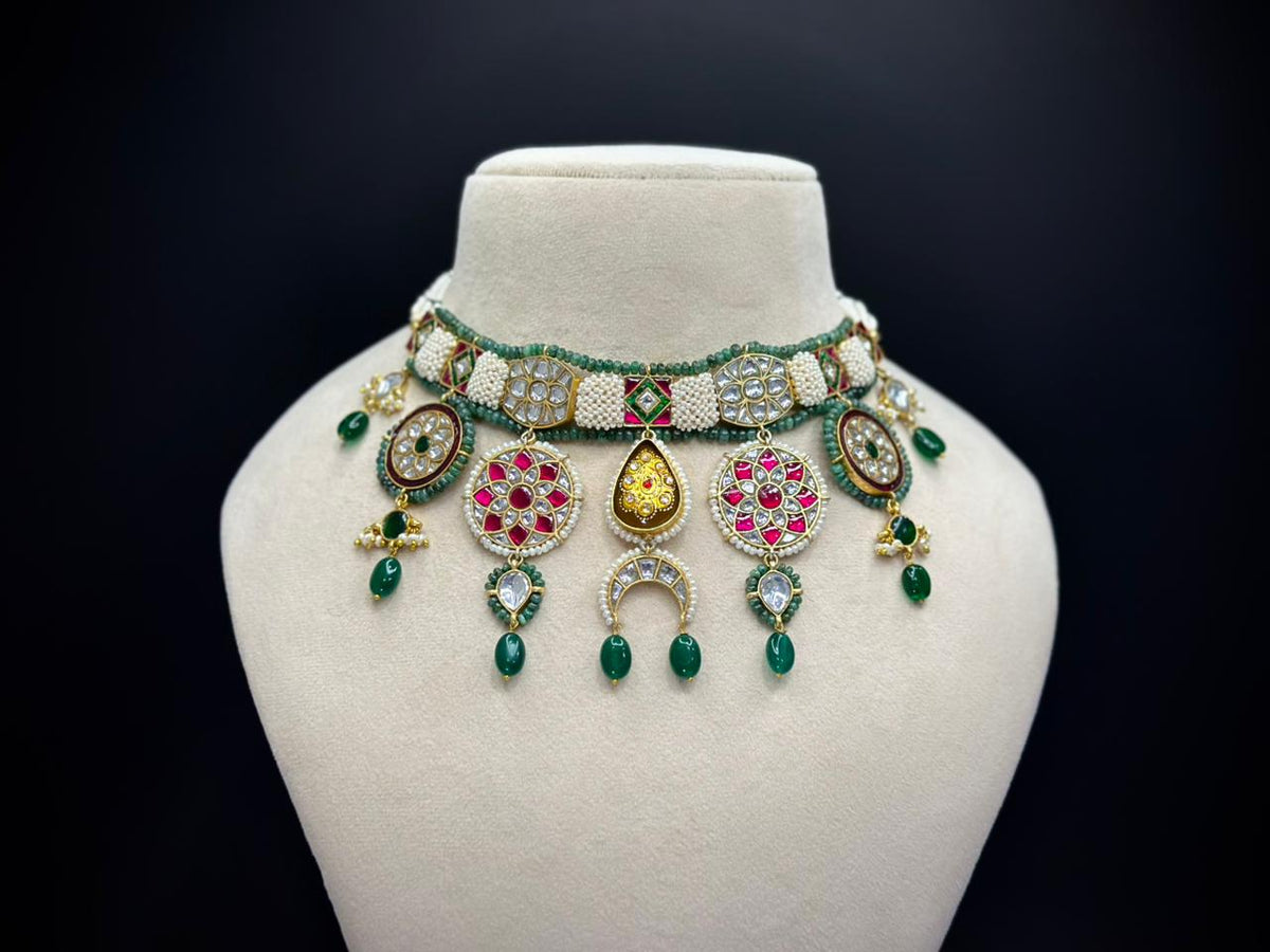 Traditional Kundan Jadau Polki Choker Necklace Set with Green Jade Drops
