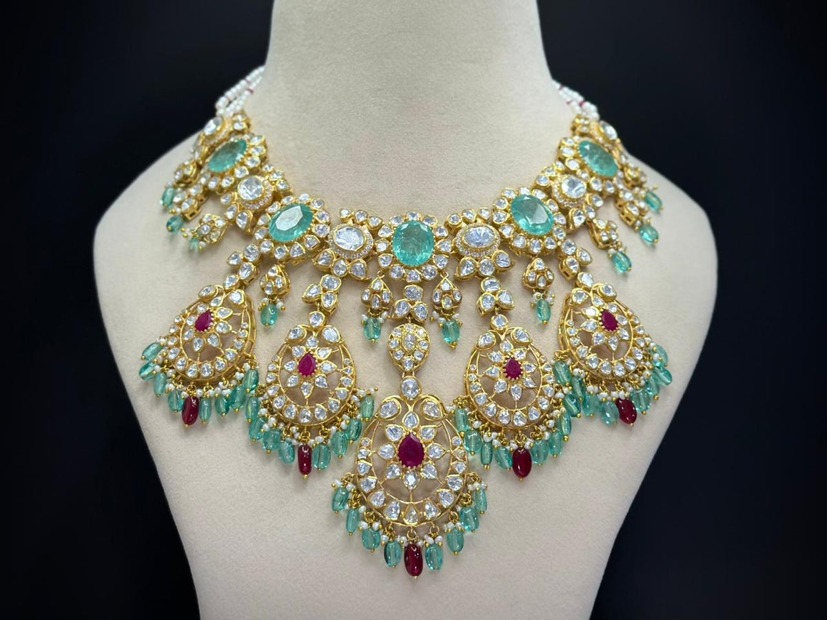 Bridal Moissanite Polki Statement Necklace Set with Turquoise Drops
