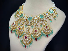Bridal Moissanite Polki Statement Necklace Set with Turquoise Drops