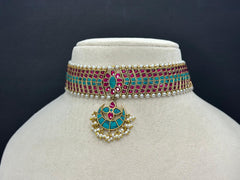 925 Silver Traditional Turquoise & Pink Kundan Jadau Choker Necklace Set