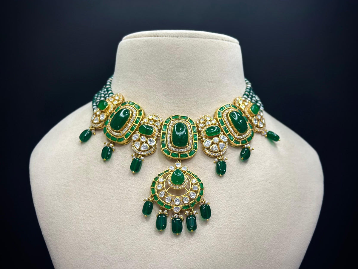 925 Silver Green Stone Open Setting Traditional Necklace Set