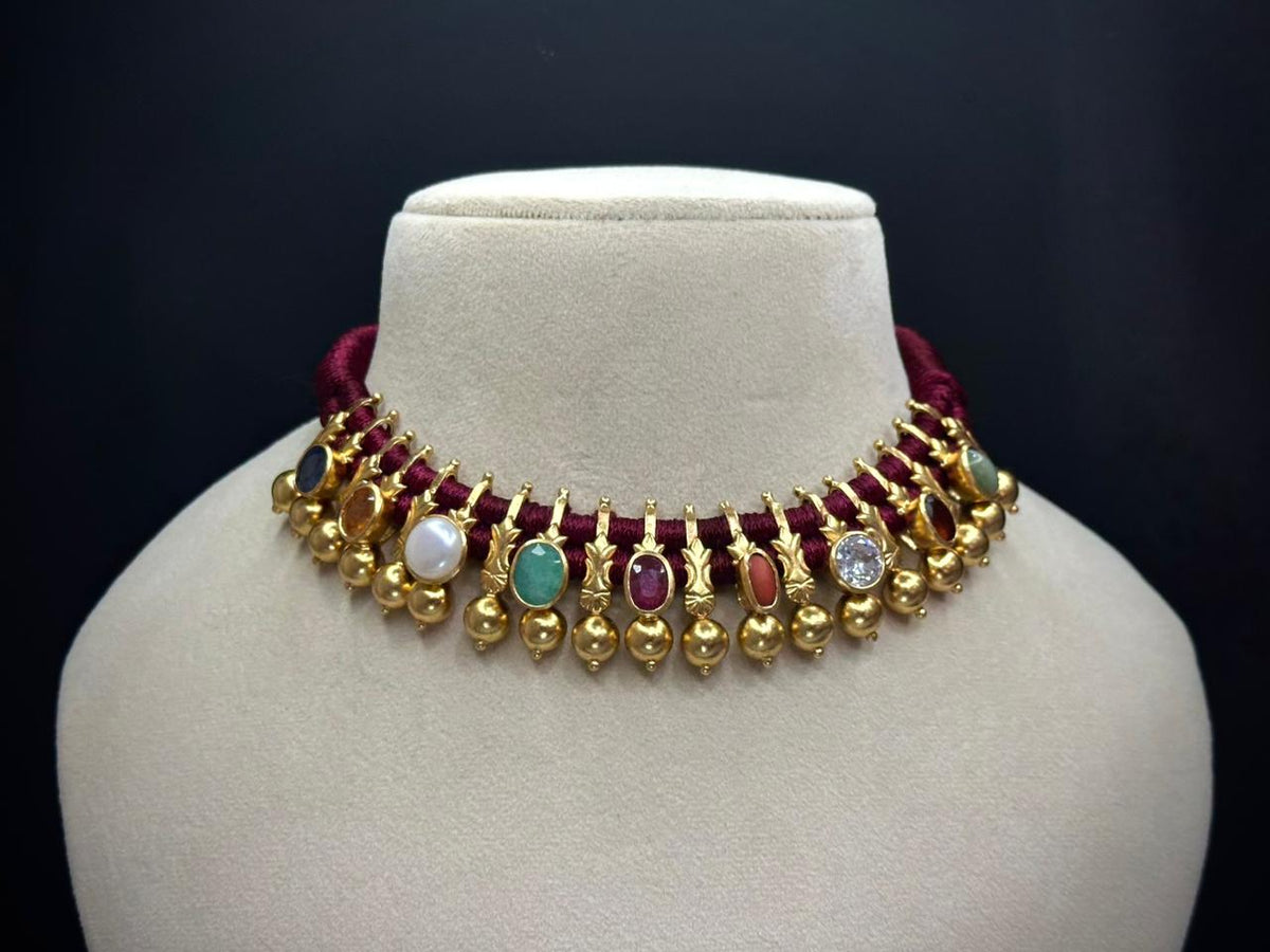 925 Silver Navratna Husley Traditional Necklace Set (24K Gold Plated)
