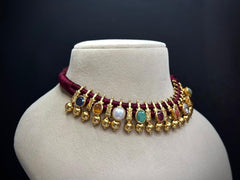 925 Silver Navratna Husley Traditional Necklace Set (24K Gold Plated)